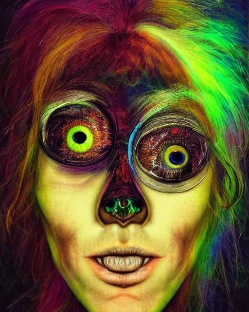 Image similar to realistic portrait of a creature experiment gone wrong, psychedelic, dark art, facing camera, photo realistic, detailed, 1 4 5 0, delicate, hyper realism, ultra realistic, 8 k