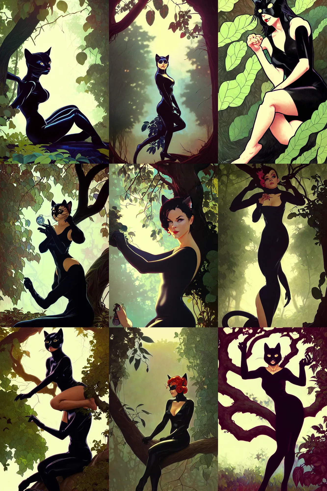 Prompt: retrofuturistic cat woman relaxingin a tree, black dress, art by artgerm and greg rutkowski and alphonse mucha and frank frazetta, low light, foggy at dawn, sunlight visible through tree leaves, misty, magic, atmospheric