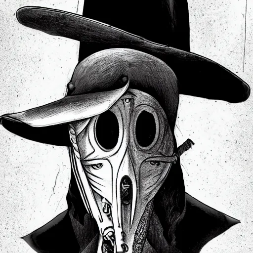 Prompt: a portrait of a plague doctor gunslinger, dark fantasy, horror, western, hell, ultrafine detailed digital pencil art by takeshi obata and mike mignola and irving penn, death note style, colored, symmetric body, cgsociety, sharp focus, detailed face, looking at the camera