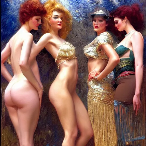 Image similar to white trash girls, golden age, painting by gaston bussiere, craig mullins, j. c. leyendecker, tom of finland