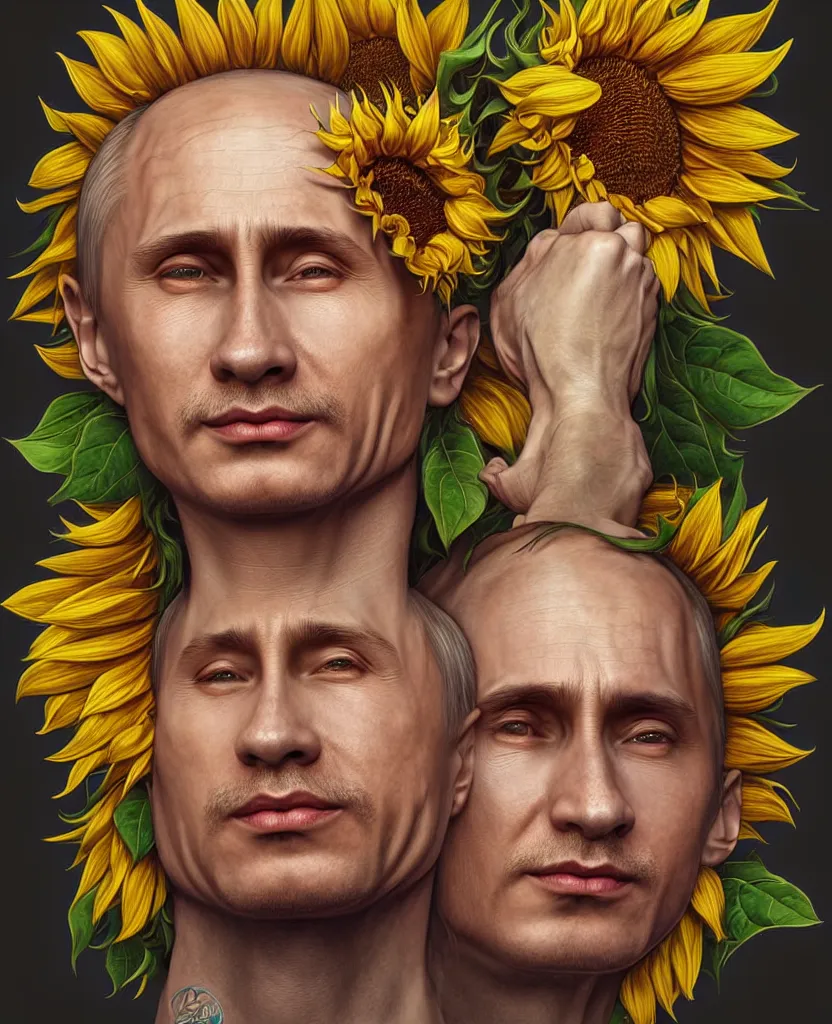 Image similar to digital art, centered full body of young any old Putin smiling king, Sunflower crown, ,intricate, veins, by James Jean and by artgerm , by ross tran ultradetailed, charachter design, concept art, trending on artstation,