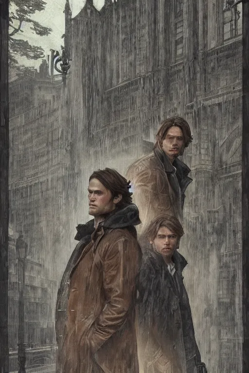 Image similar to a detailed matte portrait of sam winchester and dean winchester in a supernatural sherlock holmes story, 1 8 th century london in the rain, city streets, ominous, masterpiece, 8 k, art by alphonse mucha and greg rutkowski