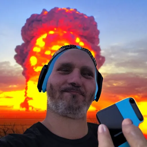 Image similar to selfie, radiation eats a ukrainian alive selfie a second before death, against the backdrop of a huge nuclear explosion from which the skin has already burned to the bone
