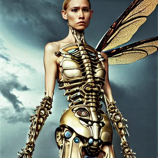 Image similar to still frame from Prometheus movie by Makoto Aida by malczewski, biomechanical dragonfly angel gynoid, metal couture by neri oxmn and Guo pei, editorial by Malczewski and by Caravaggio