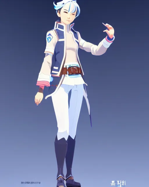 Prompt: a south korean female from video game paladins, she wears a light blue jacket, white ponytail hair, detailed perfect face, exquisite details, fire magic, mid view, design on a white background, by studio muti, greg rutkowski makoto shinkai takashi takeuch studio ghibli