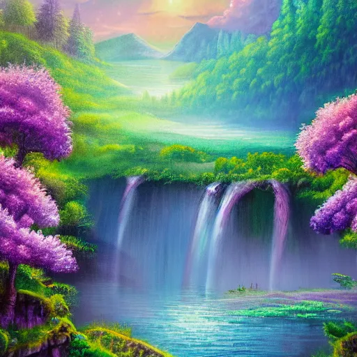 Image similar to fantasy landscape with luminescent indigo, purple, and cyan trees with tangled roots, and meadow filled with flowers, lake with terraced waterfalls detailed airbrushed painting 4 k