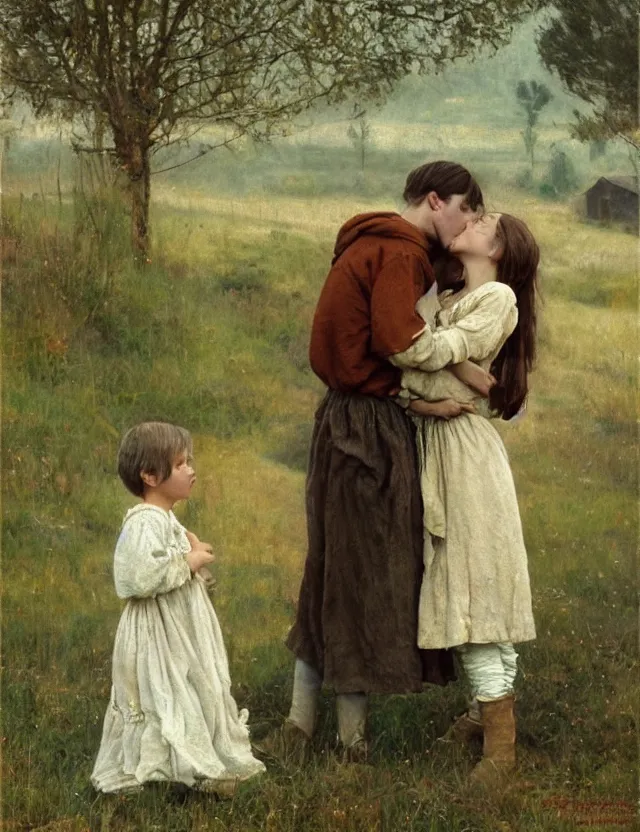 Prompt: peasant boy and girl first kiss, secretly on a village, Cinematic focus, Polaroid photo, vintage, neutral colors, soft lights, foggy, by Steve Hanks, by Serov Valentin, by lisa yuskavage, by Andrei Tarkovsky 8k render, detailed, oil on canvas