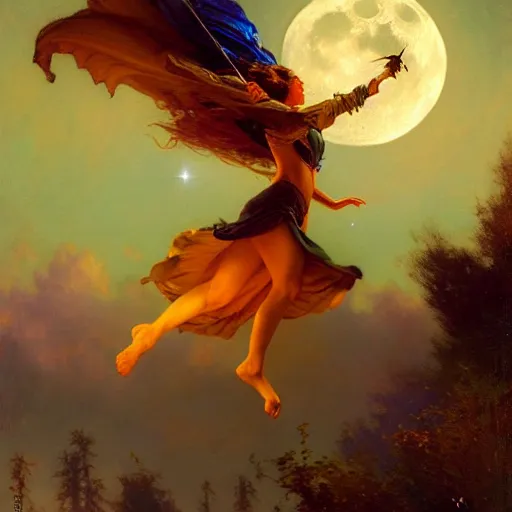 Image similar to attractive witch magically flying trough the night, fantasy, full moon in background. highly detailed painting by gaston bussiere, craig mullins, j. c. leyendecker 8 k