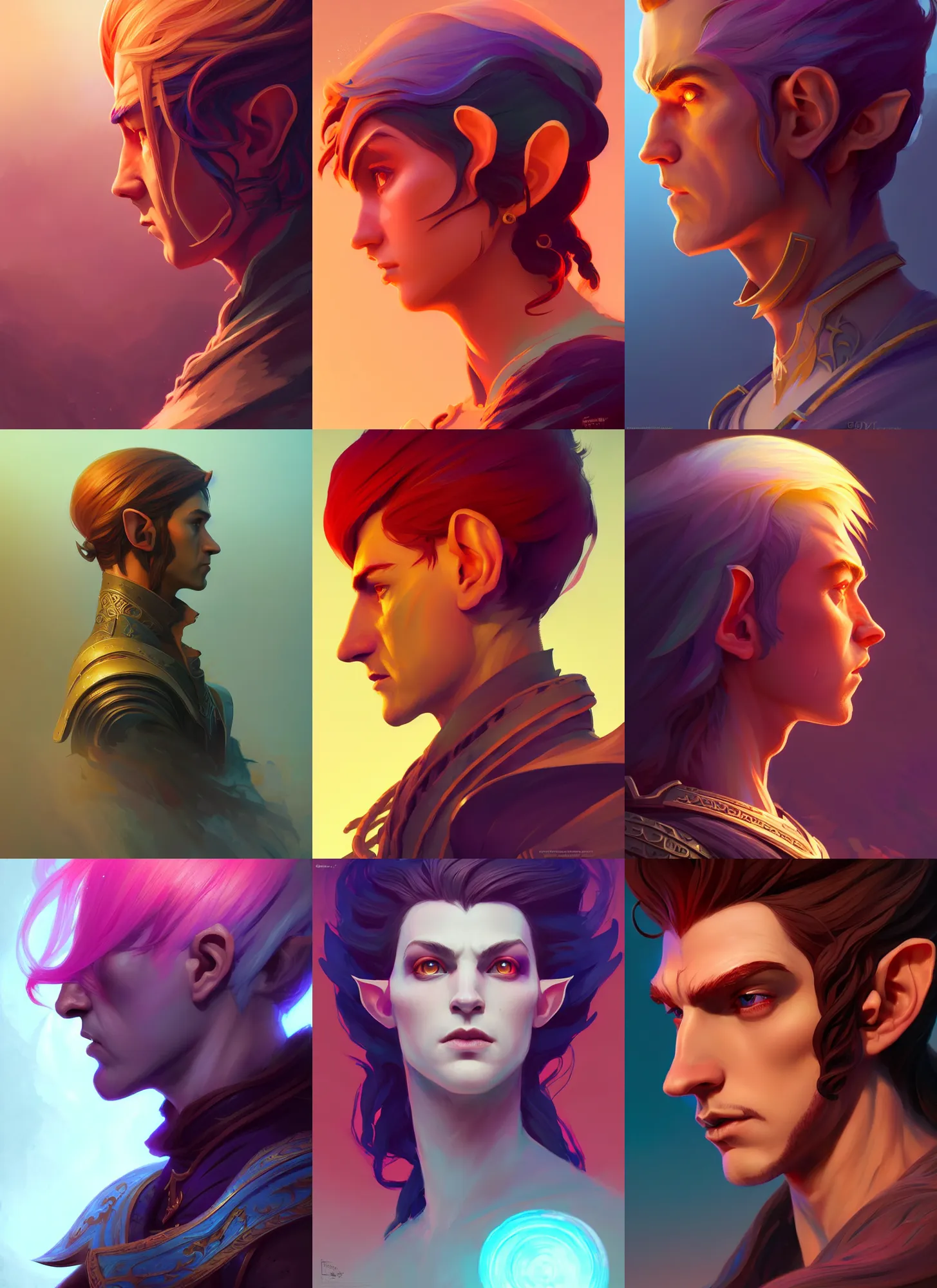 Prompt: side profile centered painted portrait, male elf ranger, d & d, gloomhaven, matte painting concept art, art nouveau, beautifully backlit, swirly vibrant color lines, fantastically gaudy, aesthetic octane render, 8 k hd resolution, by ilya kuvshinov and cushart krentz and gilleard james