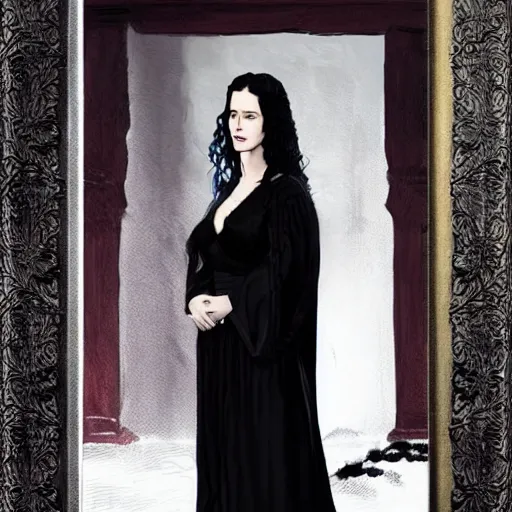 Image similar to portrait of a young eva green as yennefer from the witcher wearing black robes