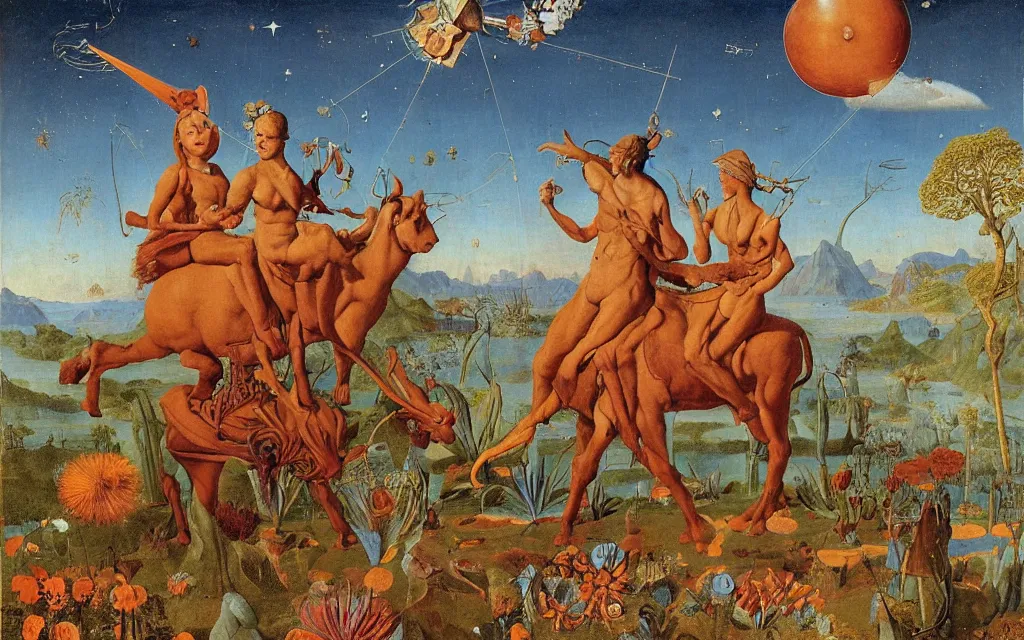 Image similar to a portrait photograph of a meditating satyr and a centaur monk riding a rocket machine and hunting at a river delta. surrounded by bulbous flowers and trees. mountain range under a blue sky of fiery stars. by jan van eyck, max ernst, ernst haeckel, ernst fuchs and artgerm, cgsociety, fashion editorial, 8 k