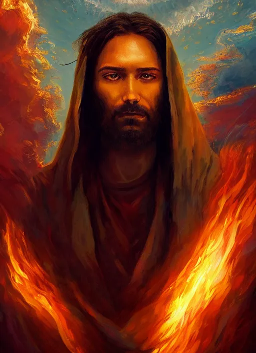 Image similar to detailed portrait of Jesus wearing a cloak over his head, eyes on fire with celestial flames, a halo of shimmering color around him, future earth in the background, by Jason Jenicke and Jeremy Mann, intricate, beautiful, stylized, detailed, realistic, loose brush strokes, dramatic, enduring, captivating, Artstation