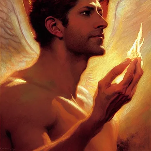 Image similar to attractive male lucifer morning star casting a spell summoning male demons. highly detailed painting by gaston bussiere, craig mullins, j. c. leyendecker, 8 k