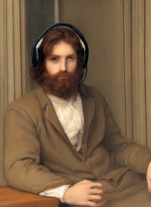 Prompt: Pre-Raphaelite portrait of a young beautiful brown-haired bearded male sitting in office wearing vr-headset