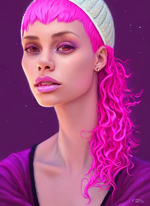 Image similar to portrait of vanessa morgan with bright pink hair, curly pixie cut hair, wearing a purple breton cap, breton cap, hoop earrings, intricate, elegant, glowing lights, highly detailed, digital painting, artstation, concept art, smooth, sharp focus, illustration, art by wlop, mars ravelo and greg rutkowski