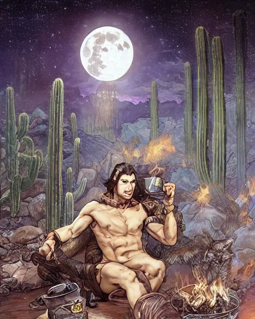 Image similar to spartan drinking tea at campfire with trichocereus background and smoke haze, wolf howling at full moon, photo in the style of the celestine prophecy, wlop, artgerm, greg rutkowski and alphonse mucha yoichi hatakenaka, masamune shirow, josan gonzales and dan mumford, ayami kojima