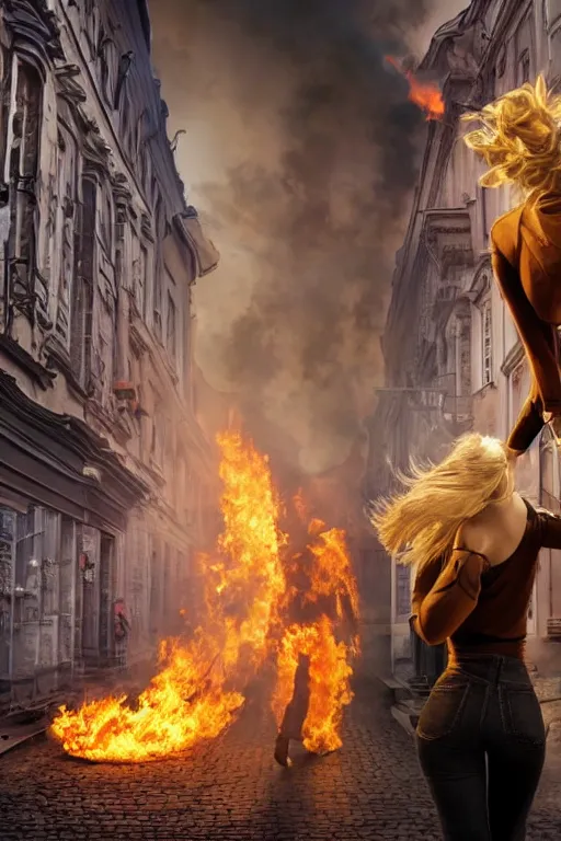 Prompt: in the foreground a street in Saint Petersburg, in the background a blonde woman from the back completely on fire wearing a long matrix-style jacket, realistic, high definition, many details, dramatic scene, detailed and realistic hands, symmetrical face, realistic eyes , art of D&D