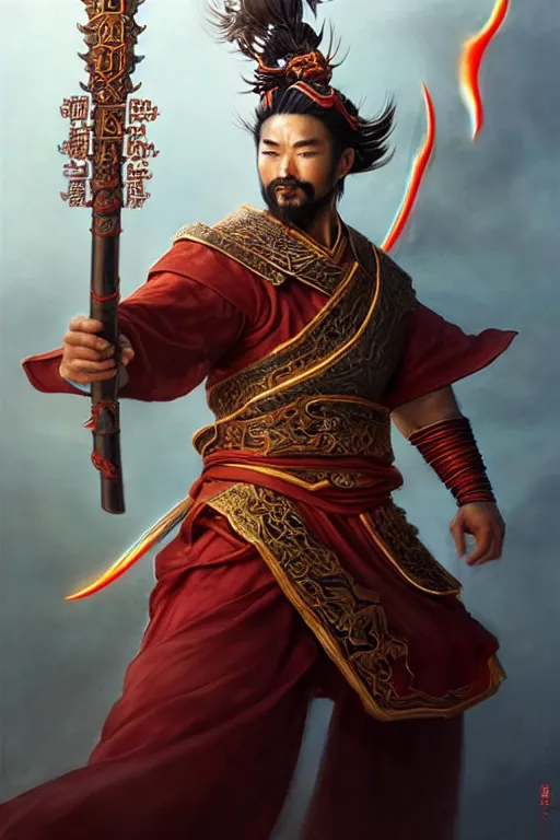 Image similar to handsome nezha, highly detailed, man holding spear, flame everywhere, epic pose, masterpiece chinese fantasy character portrait, highly detailed, digital painting, trending on artstation, concept art, sharp focus, illustration, global illumination, ray tracing, realistic shaded, art by artgerm and greg rutkowski and fuji choko and viktoria gavrilenko and hoang lap