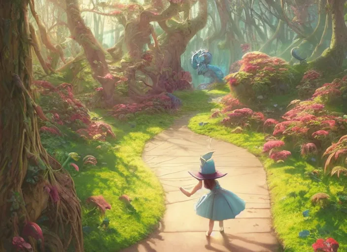 Image similar to alice in wonderland, thin contur lines, unreal engine, fantasy art by greg, loish, rhads, ferdinand knab, tom bagshaw, makoto shinkai and lois van baarle, rossdraws, ilya kuvshinov, night lighting, trending on studio ghibli, highly detailed, 8 k, octane render