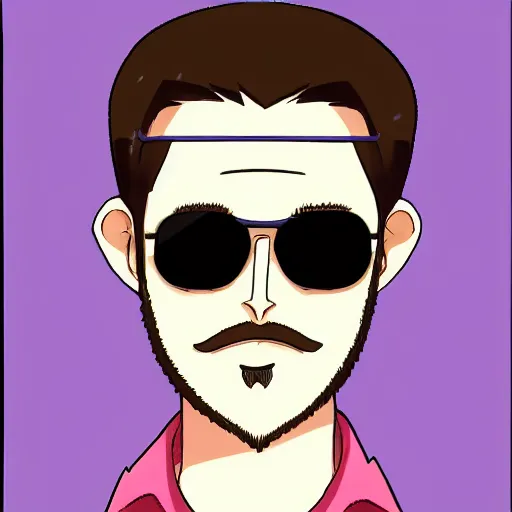 Prompt: anime drawing of a blue eyed brown haired man with a short beard with hair that parts to the left wearing sunglasses wearing a hawaiian shirt