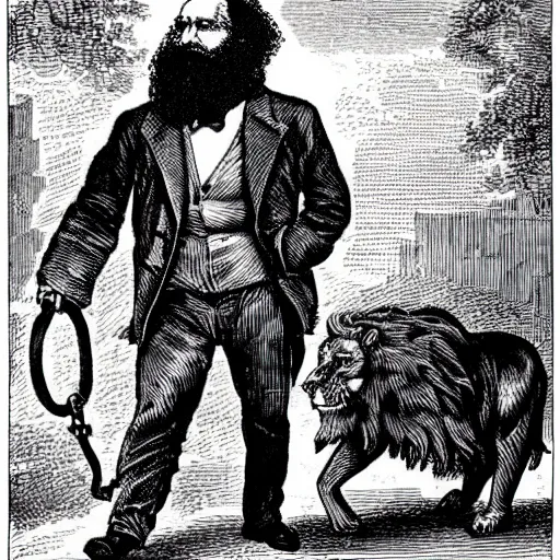 Image similar to Possessed Karl Marx stops a thousand giant lions from eating Earth