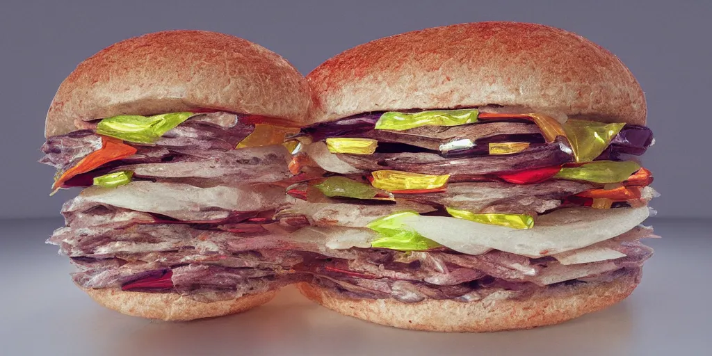 Image similar to a murano hamburger hybrid, digital art, dramatic product lighting