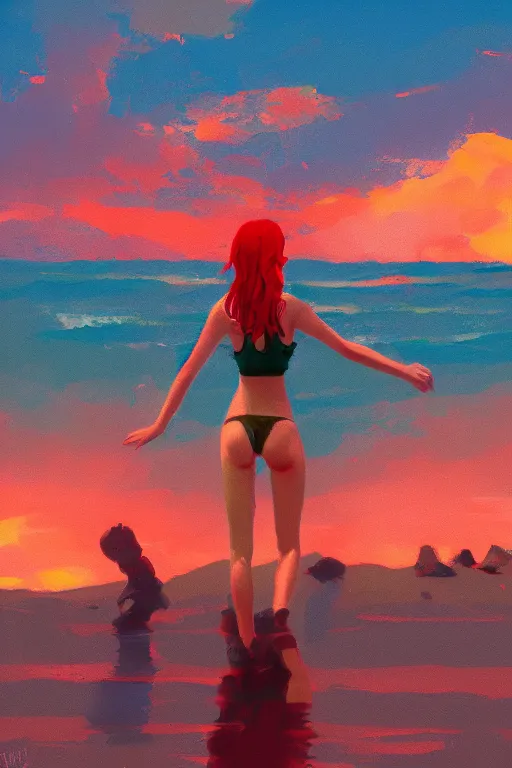 Prompt: red haired girl, bikini, crowded beach surreal photography, sunrise, dramatic light, impressionist painting, colorful clouds, digital painting, artstation, simon stalenhag