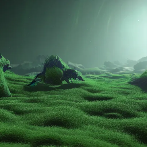 Prompt: unknown creatures on a green mist filled planet 8 k hyperrealism