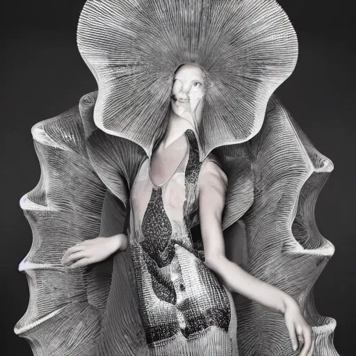 Image similar to a model dressed in an avant garde haute couture dress, iris van herpen and alexander mcqueen, vogue editorial photo, sharp focus dynamic light