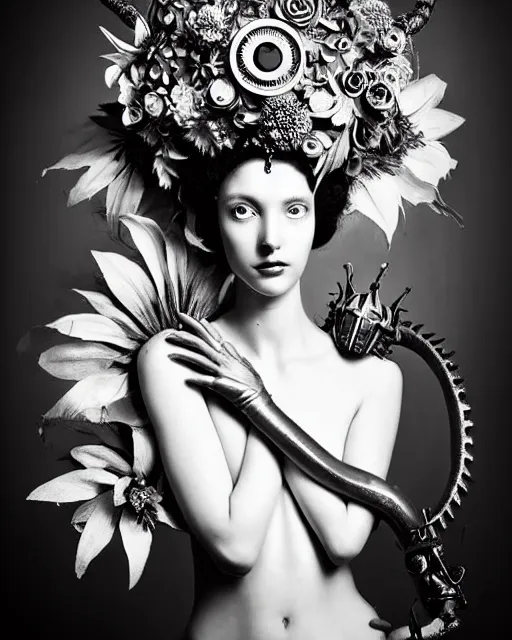 Image similar to a black and white high quality dreamy photo of a young beautiful female queen-silver dragon-vegetal-flower-cyborg bust with a very long cyborg neck and a steampunk flower crown, elegant, highly detailed, poetic, soft, dreamy, mysterious, high fashion, in the style of Horst P. Horst, Metropolis, Realistic, Refined, Digital Art, Highly Detailed, Cinematic Lighting, rim light, black and white, photo-realistic, 8K
