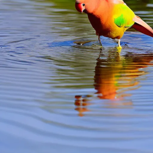 Prompt: lovebird sitting in water, reflective, sunny day, landscape photography