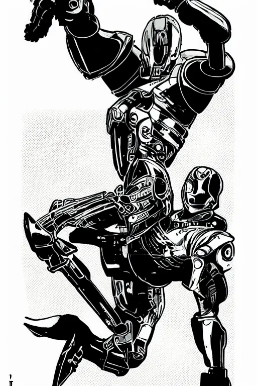 Prompt: ultron doing a high kick, a page from cyberpunk 2 0 2 0, style of paolo parente, style of mike jackson, adam smasher, johnny silverhand, 1 9 9 0 s comic book style, white background, ink drawing, black and white, colouring pages