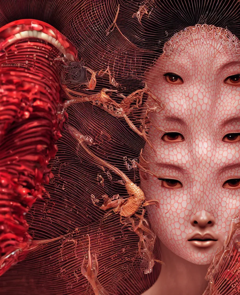 Image similar to close-up macro portrait of the face of a beautiful Japanese geisha with kimono, epic angle and pose, ribcage skeleton symmetrical artwork, 3d with depth of field, blurred background, cybernetic jellyfish female face phoenix bird, translucent, nautilus, energy flows of water and fire. a highly detailed epic cinematic concept art CG render. made in Maya, Blender and Photoshop, octane render, excellent composition, cinematic dystopian brutalist atmosphere, dynamic dramatic cinematic lighting, aesthetic, very inspirational, arthouse, Greg Rutkowski, Ilya Kuvshinov, WLOP, Stanley Artgerm Lau, Ruan Jia and Fenghua Zhong