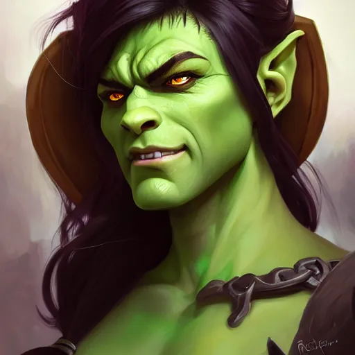 Prompt: character portrait, green skin, beautiful eyes angry, handsome d & d female orc ; monk ; with black hair and black beard, alphonse mucha, rhads, ross tran, dungeons and dragons character art commission, artstation, artgerm, 8 k
