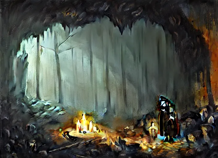 Image similar to A hooded dark figure approaches an abandoned mine in a cave lit by candles, Ivan Shishkin and Greg Rutkowski