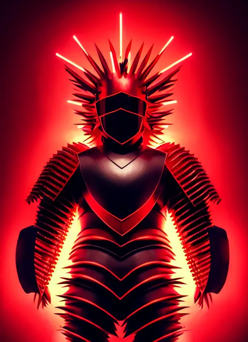 Image similar to a striking cinematic full body manga portrait of a long black haired masked male teenager wearing imposing red jagged spiked plate armour and glowing with raging powerful red energy by hirohiko araki and beeple, fine details, digital art, character concept art, volumetric lighting, cinematic light, photorealistic