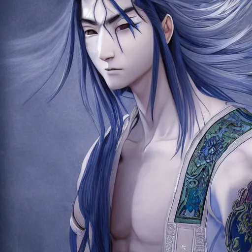 Image similar to an immortal xianxia cultivator with long blue hair as an absurdly handsome, elegant, young anime man, ultrafine hyperrealistic detailed face illustration by kim jung gi, irakli nadar, intricate linework, sharp focus, bright colors, matte, gujian, final fantasy, unreal engine highly rendered, global illumination, radiant light, intricate environment