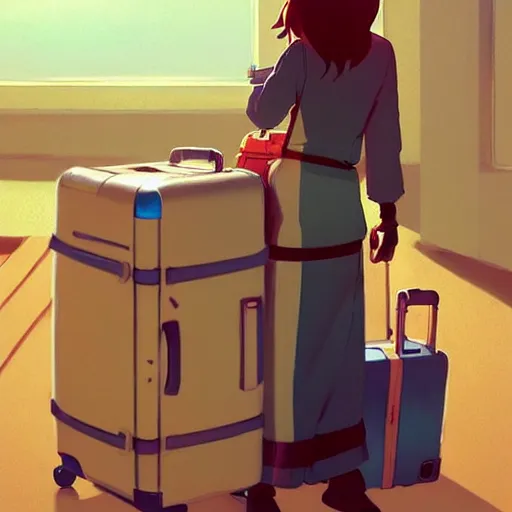 Image similar to goro fujita ilustration heerful girl taking the suitcases out of her house, characterized by masamune shirow, by greg rutkowski., character art, sharp focus, highly detailed, artstation