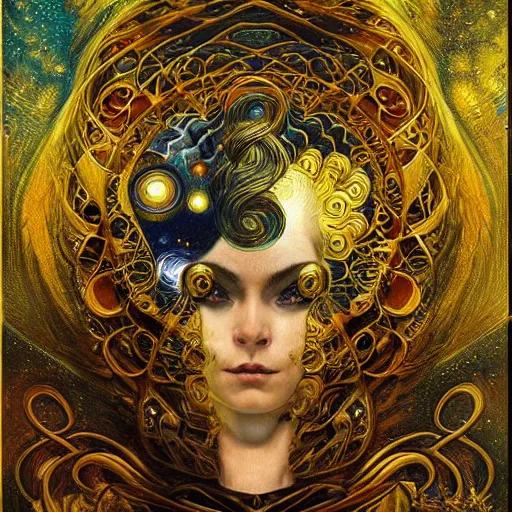 Prompt: Divine Chaos Engine by Karol Bak, Jean Deville, Gustav Klimt, and Vincent Van Gogh, celestial, visionary, sacred, fractal structures, ornate realistic gilded medieval icon, spirals, atmospheric