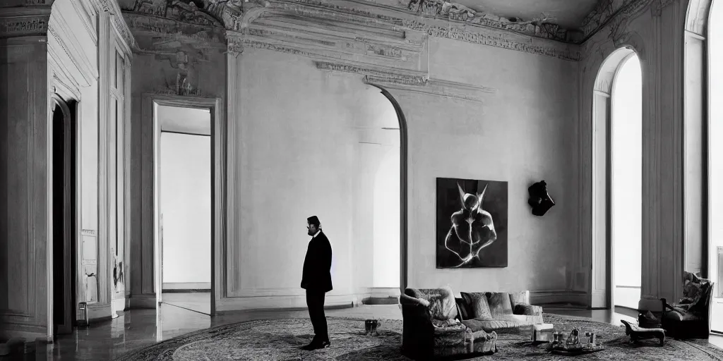 Image similar to Batman standing in giant Italian modern castle living room, clean minimalist design, that is 1300 feet tall, with very tall giant walls filled with modern art paintings, doors that are cosmic portals, photo by Annie Leibovitz