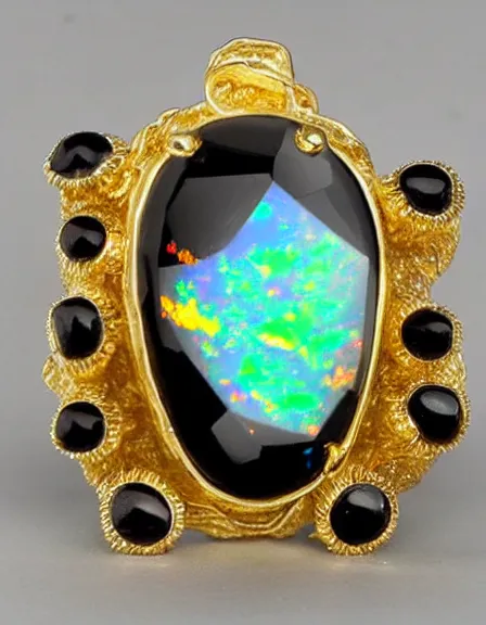 Prompt: 1 1 0 million years old opal and bones along some jewellery made of gold over black velvet