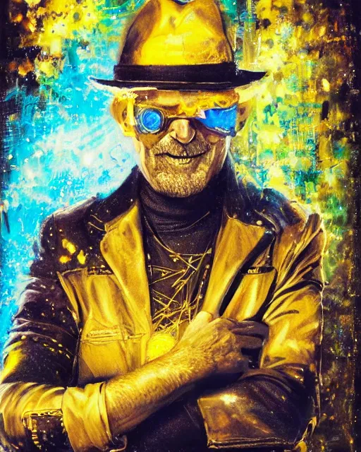 Prompt: an intimate portrait of a gnarly human cyberpunk captain, old skin, faded fedora, charming, strong leader, metal eye piece, a look of cunning, big smile, vague brushwork, watercolour, pointillism, art deco, golden cityscape, lasers, sparks, yellow and blue and cyan