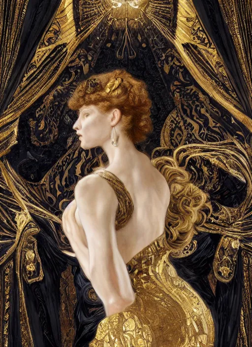 Image similar to highly detailed oil painting | very intricate | cinematic lighting | black, white and gold color scheme, dark background | decorative seamless pattern by alexander mcqueen | by roberto ferri, by gustav moreau, by singer sargent and klimt, american romanticism, occult art | by austin osman spare, artstation, cgsociety, official art, octane