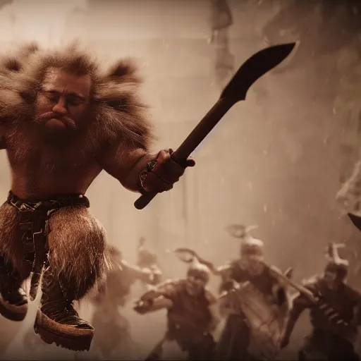 Image similar to a cinematic shot of a dwarf berserker swinging axes, fighting monsters, octane render, hyperreal, 8 k