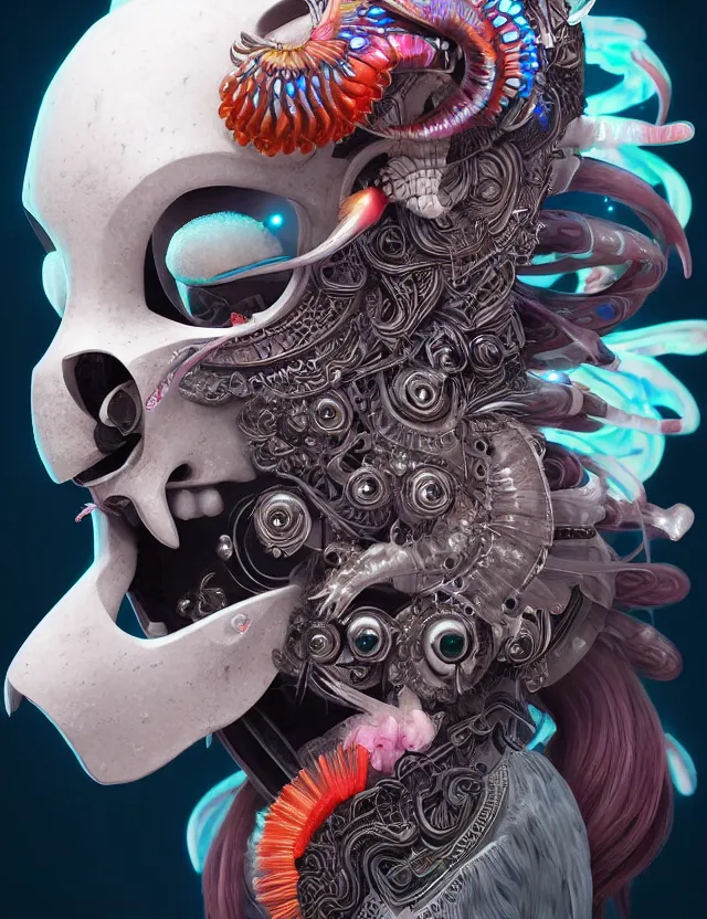 Image similar to 3 d goddess close - up profile portrait cyberpunk with ram skull. beautiful intricately detailed japanese crow kitsune mask and clasical japanese kimono. betta fish, jellyfish phoenix, bio luminescent, plasma, ice, water, wind, creature, artwork by tooth wu and wlop and beeple and greg rutkowski