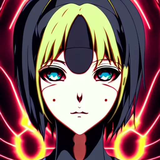 Prompt: female cyberpunk anime girl, yellow eye and red eye, symmetrical faces and eyes symmetrical body, middle shot waist up, Madhouse anime studios, Black Lagoon, Wit studio anime, 2D animation