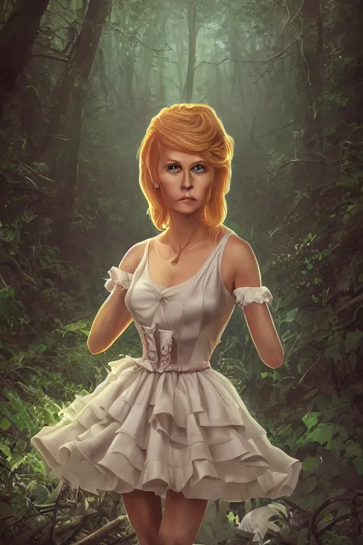 Prompt: joanna carlos as a woman in a maid dress in a dark forest, detailed upper body, gorgeous face, by dan mumford, trending on artstation, anime style, octane render, portrait