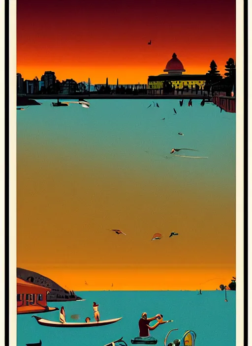 Prompt: a vintage vacation poster for lake merritt in oakland with a smoky dark orange sky