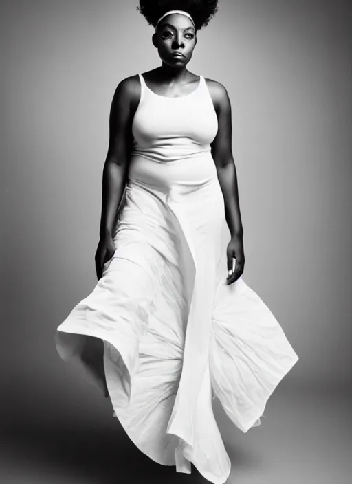 Prompt: a full body portrait of a black woman by justin ridler wearing a billowing white dress