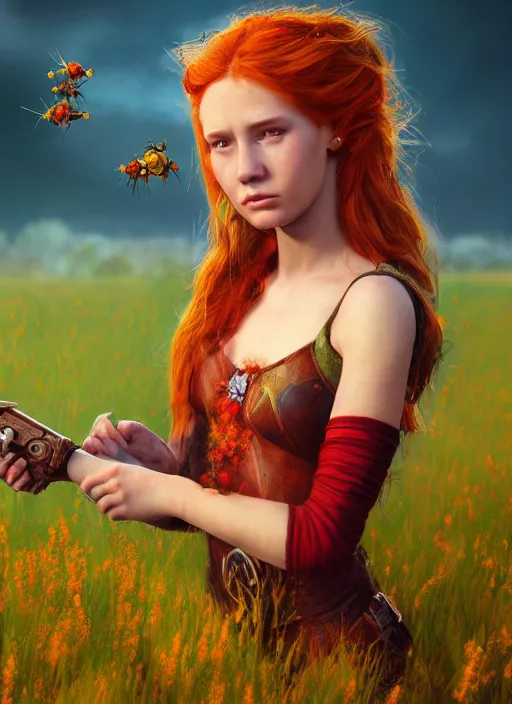 Image similar to An epic fantasy comic book style portrait painting of a young red headed girl with a tiny bright golden bee engraved on her shoulder in a field of flowers , unreal 5, DAZ, hyperrealistic, octane render, cosplay, RPG portrait, dynamic lighting